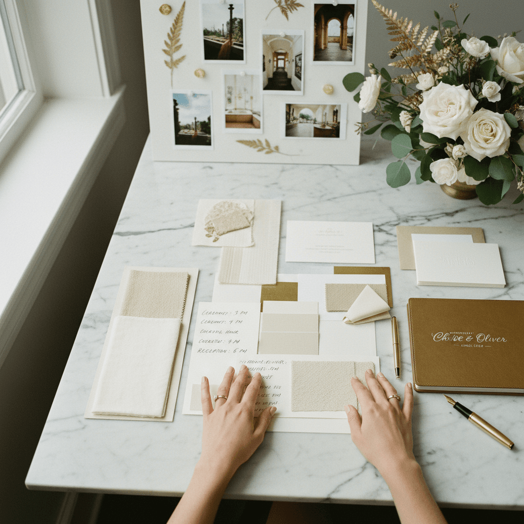 Wedding planning details with design mood boards and coordination materials