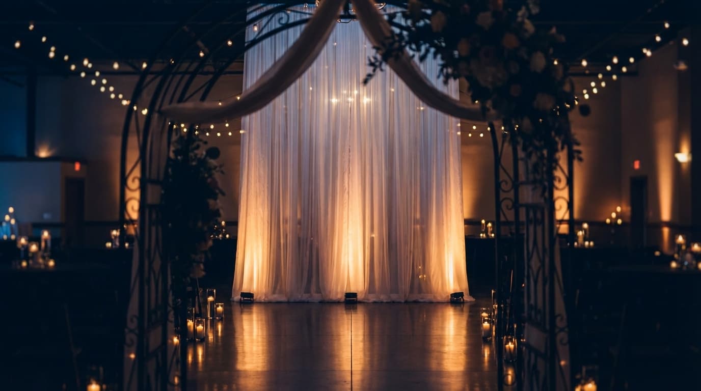 Elegant boho-style event venue with warm lighting and sophisticated table settings