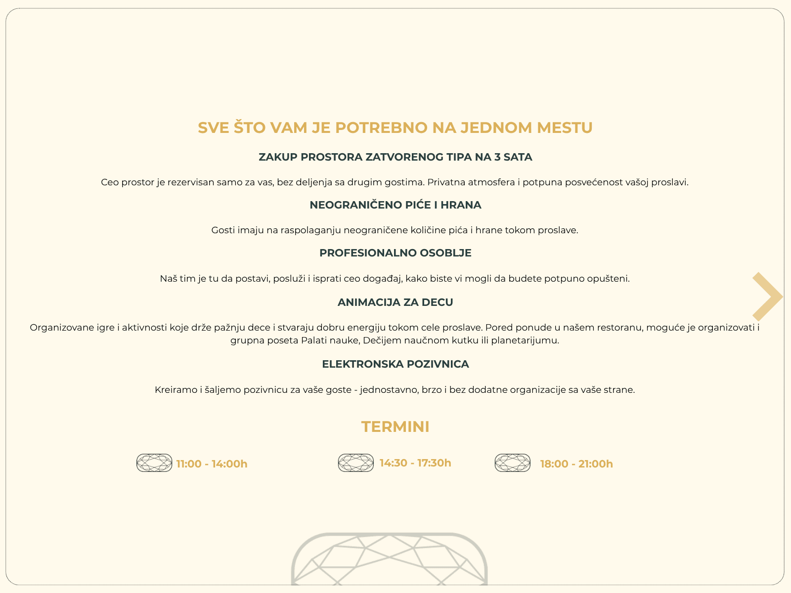 Promotional graphic detailing event services including private venue, catering, and animation with three time slots.