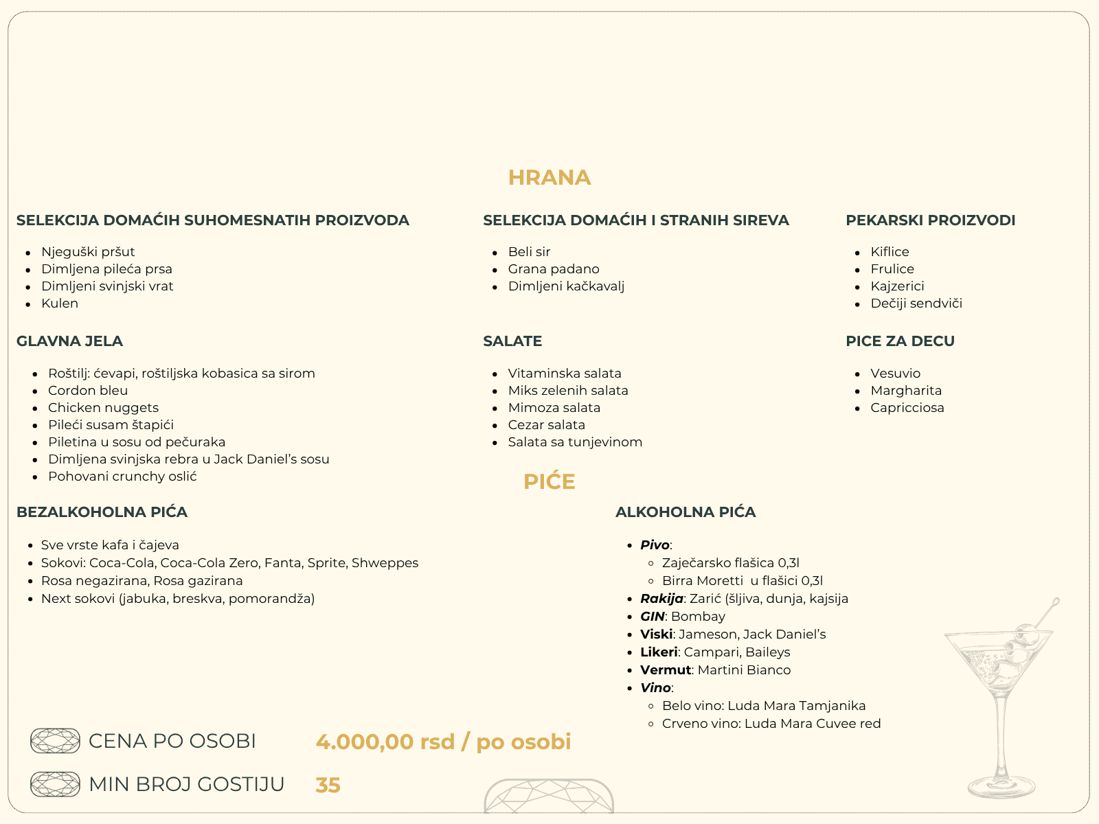 Serbian menu listing cured meats, cheeses, main dishes, salads, and drinks with pricing information.