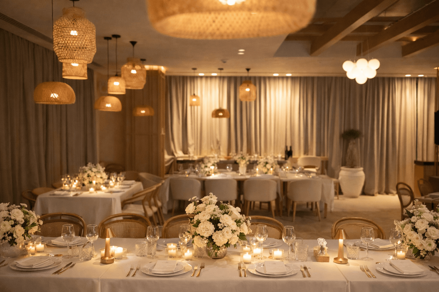 Elegant dining room featuring white floral centerpieces, candlelit tables, and warm woven pendant lights.