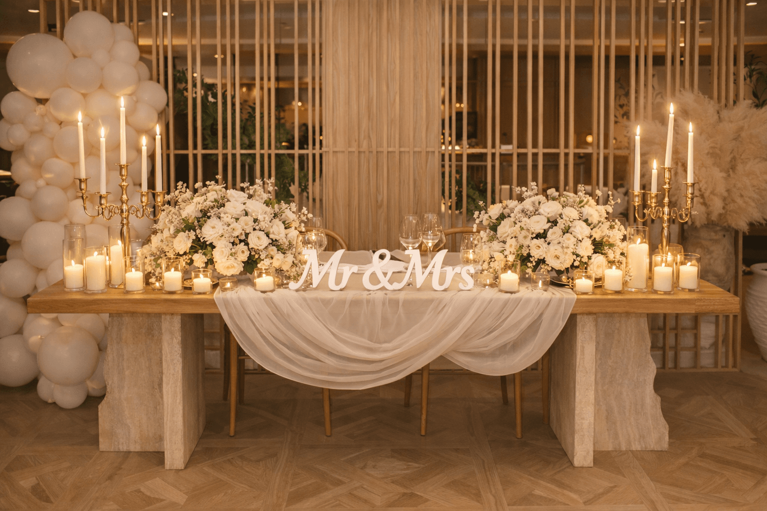 Elegant wedding sweetheart table with white floral arrangements, candles, and a "Mr & Mrs" sign.